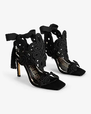 Brian Atwood X Express Embroidered Tie Back Heeled Sandals Black Women's 7