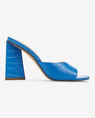 Croc-Embossed Wide Block Heel Sandals Blue Women's 8