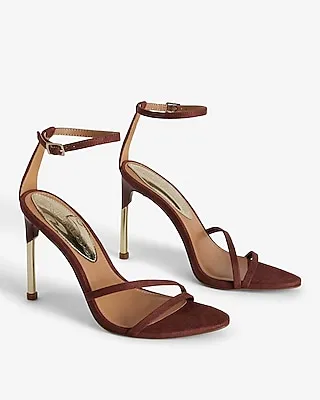Faux Suede Strappy Gold Thin Heeled Sandals Brown Women's 8