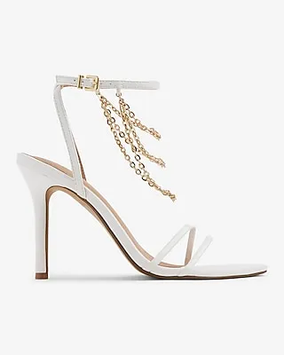 Chain Strap Pointed Toe Heeled Sandals White Women's 7