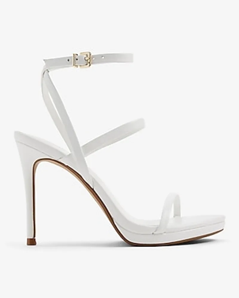 Leather Round Toe Strappy Heeled Sandals White Women's 8