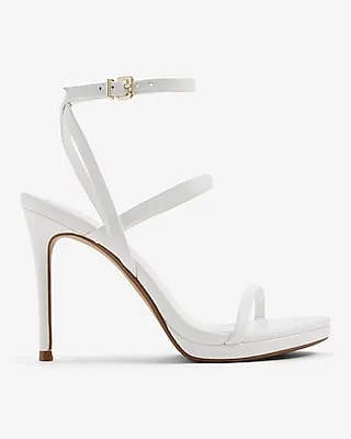 Leather Round Toe Strappy Heeled Sandals White Women's