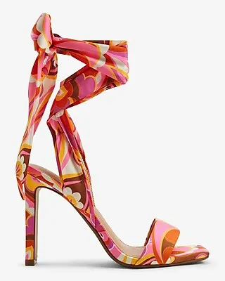 Floral Printed Lace Up Heeled Sandals Multi-Color Women's 7