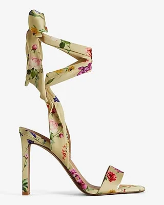 Floral Printed Lace Up Heeled Sandals
