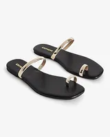 Gold Toe Strap Flat Sandals Black Women's