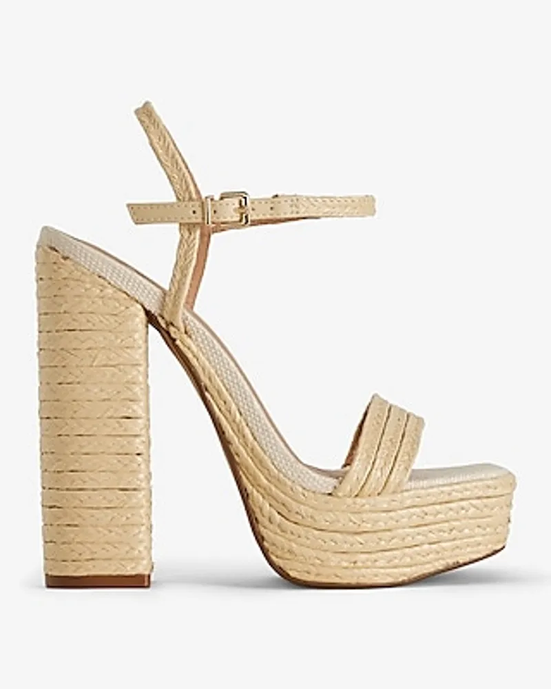 Woven Straw Platform Heeled Sandals Neutral Women's 9.5