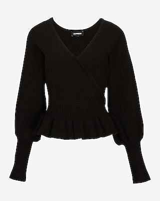 Ribbed V-Neck Wrap Peplum Sweater Black Women's XS