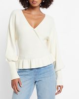 Ribbed V-Neck Wrap Peplum Sweater White Women's XL