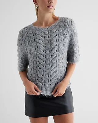 Open Stitch Cable Knit Crew Neck Short Sleeve Sweater Gray Women's