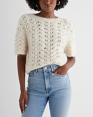 Open Stitch Cable Knit Crew Neck Short Sleeve Sweater