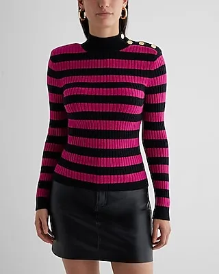 Striped Mock Neck Padded Shoulder Novelty Button Sweater Pink Women's XS
