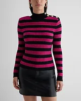 Striped Mock Neck Padded Shoulder Novelty Button Sweater Pink Women's XL