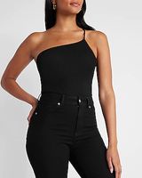 Ribbed One Shoulder Thong Bodysuit Black Women's XS