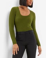 Scoop Neck Long Sleeve Sweater Thong Bodysuit Green Women's XL