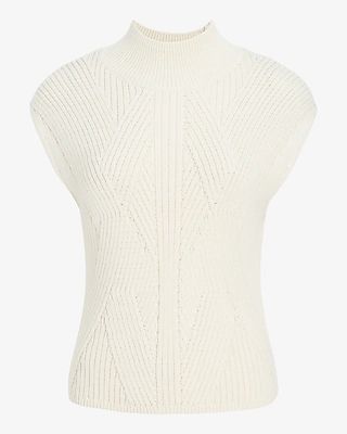 Ribbed Mock Neck Cap Sleeve Sweater White Women's L