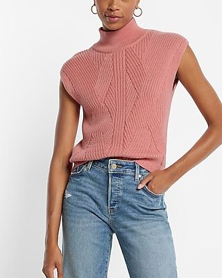 Ribbed Mock Neck Cap Sleeve Sweater Pink Women's L