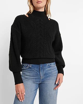 Cable Knit Turtleneck Shoulder Cutout Sweater Black Women's S