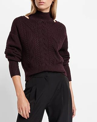 Cable Knit Turtleneck Shoulder Cutout Sweater