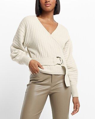 Ribbed Belted Faux Wrap Dolman Sleeve Sweater Neutral Women's S