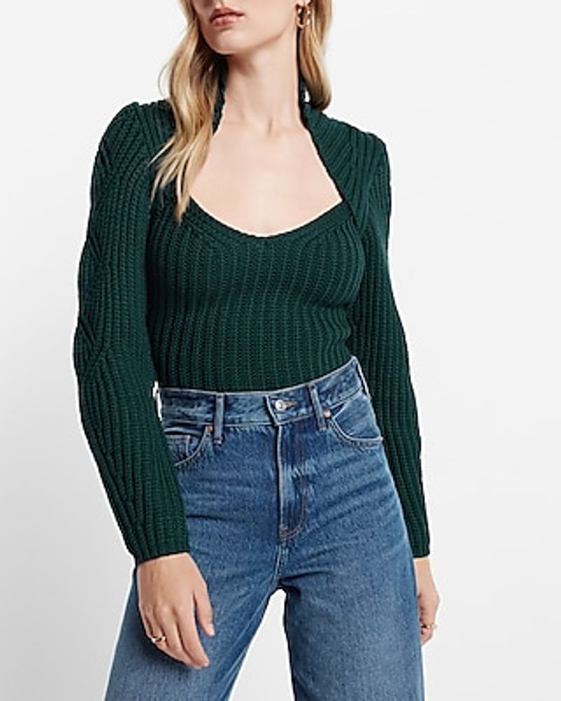 Express Ribbed Scoop Neck Long Sleeve Sweater Green Women's XL