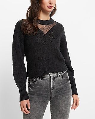 Cable Knit Crew Neck Lace Sweater Women's
