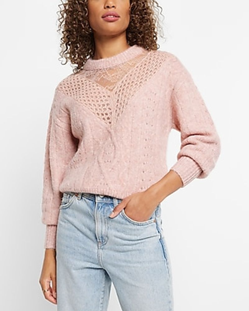 Cable Knit Crew Neck Lace Sweater Pink Women's XL