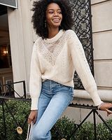 Cable Knit Crew Neck Lace Sweater Neutral Women's XL