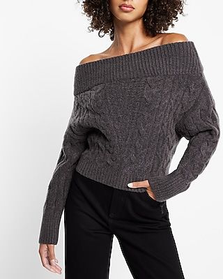 Off The Shoulder Cable Knit Sweater Gray Women's XS