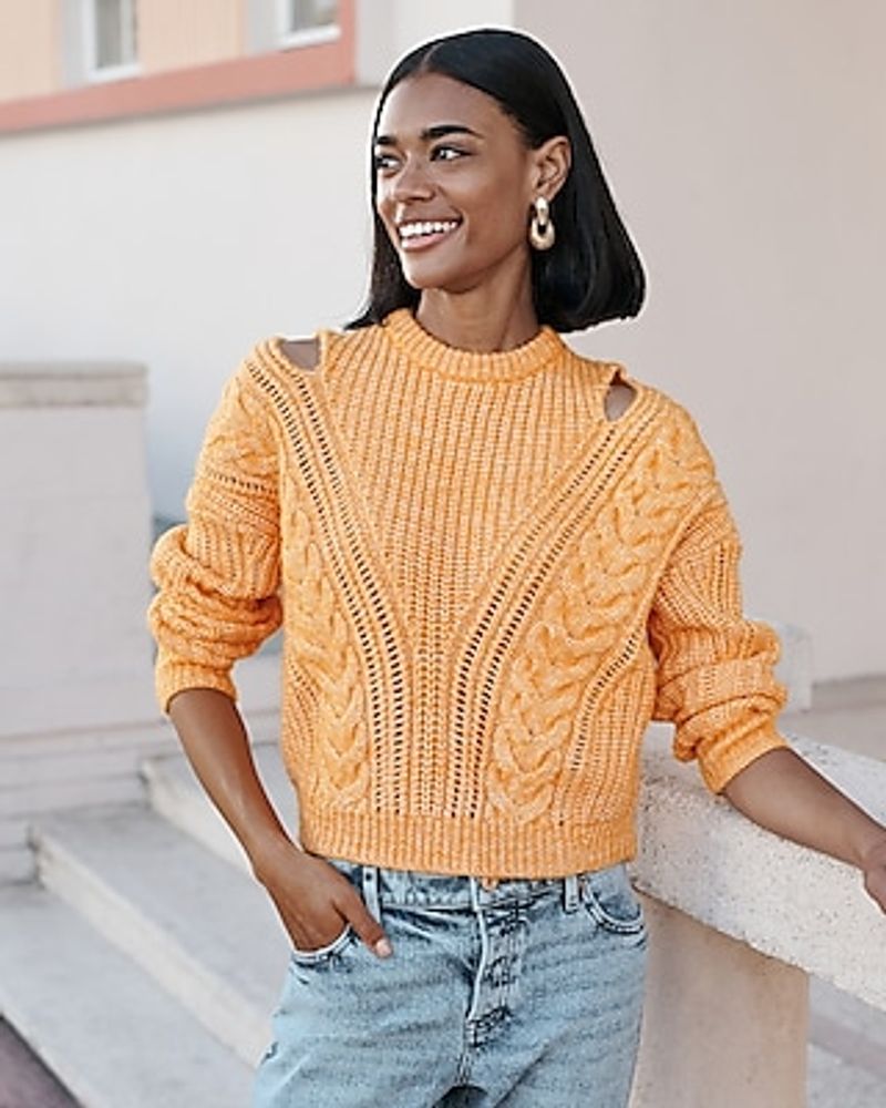 Cable Knit Crew Neck Cutout Sweater Yellow Women's