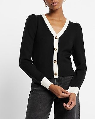 Tipped Novelty Button Puff Sleeve Cardigan