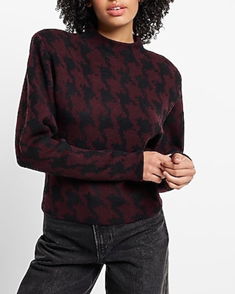 Houndstooth Mock Neck Padded Shoulder Sweater