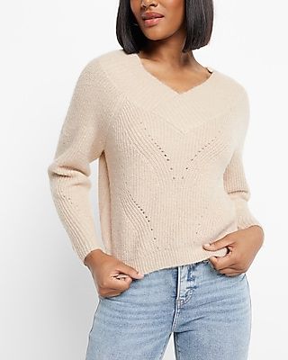Metallic Pointelle V-Neck Long Sleeve Sweater