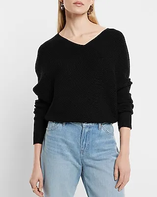 Asymmetrical V-Neck Long Sleeve Banded Bottom Sweater Black Women's XL
