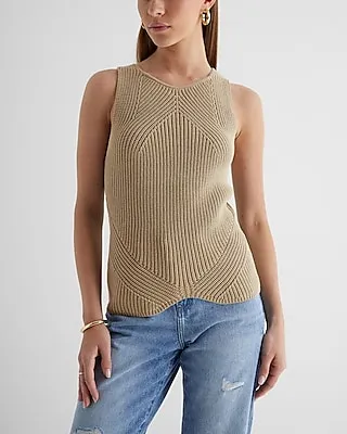 Ribbed High Neck Curved Hem Sweater Tank Green Women's XL