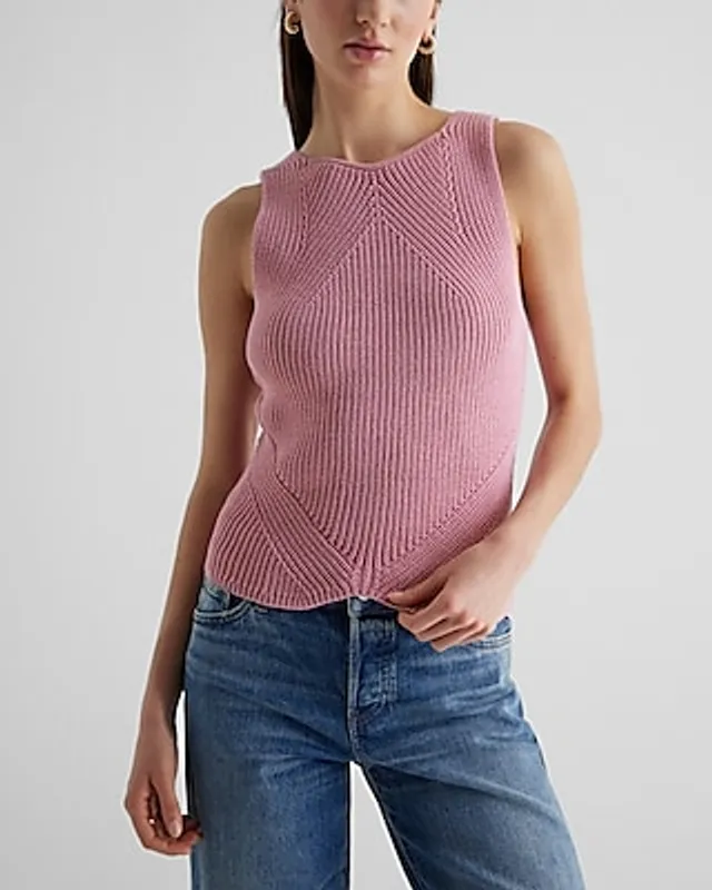 Express Ribbed High Neck Curved Hem Sweater Tank Pink Women's L