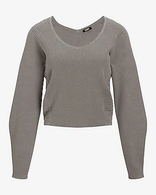 Relaxed Ribbed V-Neck Sweater Gray Women's XL