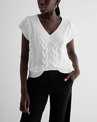 Cable Knit V-Neck Sweater Vest White Women's XL