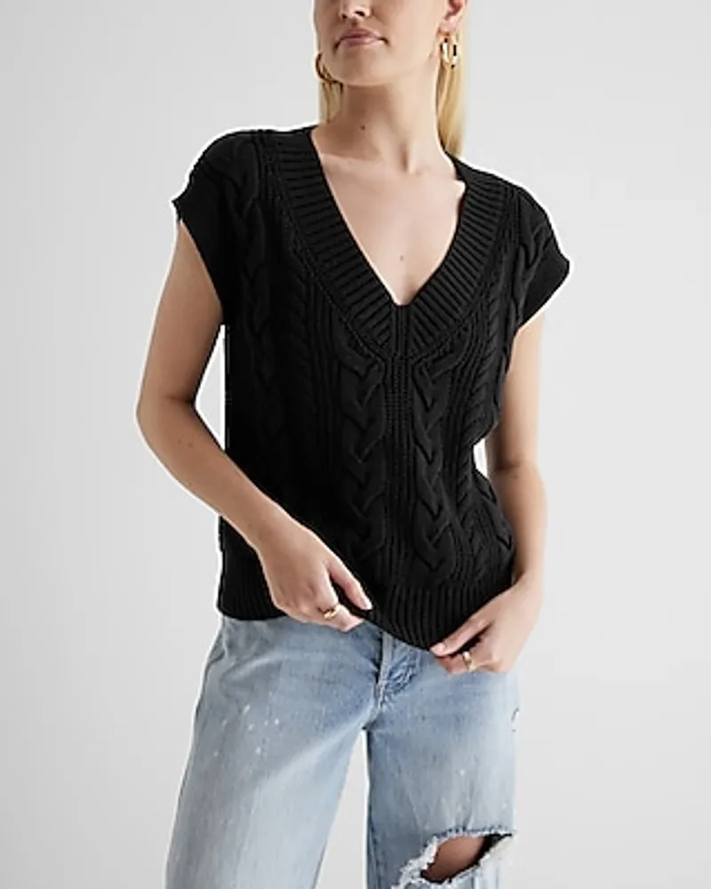 Cable Knit V-Neck Sweater Vest Black Women's XL