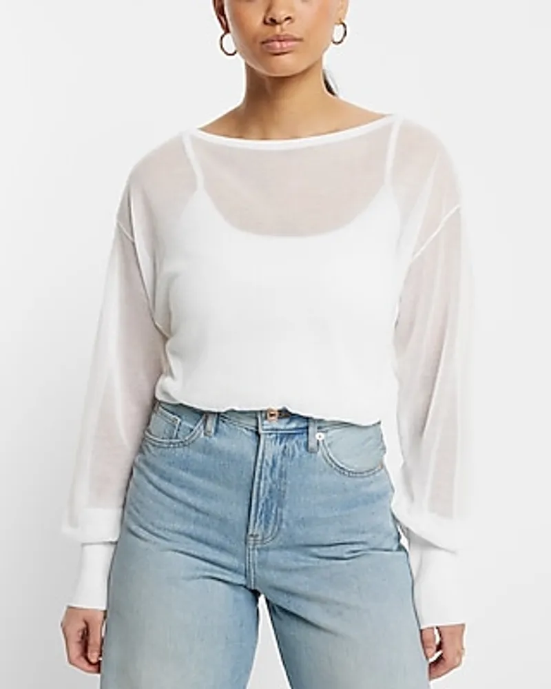 Sheer Off The Shoulder Dolman Sleeve Cropped Sweater White Women's