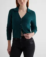 Ribbed V-Neck Polo Cardigan Green Women