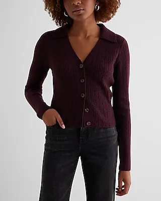 Ribbed V-Neck Polo Cardigan Red Women's XS