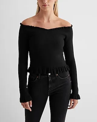 Fitted Ribbed Off The Shoulder Ruffle Sweater Black Women