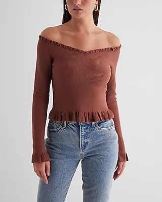 Fitted Ribbed Off The Shoulder Ruffle Sweater Brown Women's XS