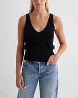 Fitted Ribbed Ruffle V-Neck Sweater Tank Black Women's