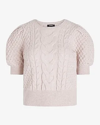 Cable Knit Crew Neck Puff Sleeve Sweater
