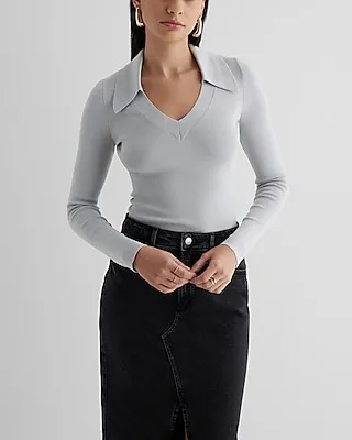 Silky Soft Fitted V-Neck Polo Sweater Gray Women's XS