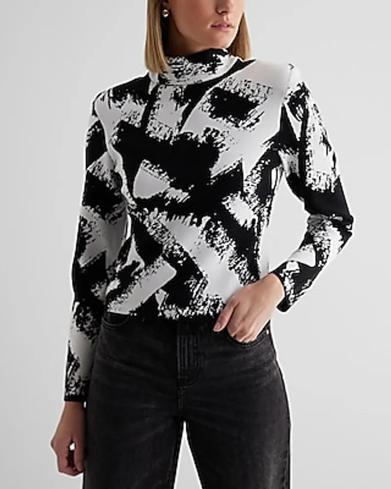 Printed Mock Neck Padded Shoulder Sweater Black Women's M