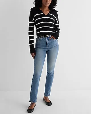 Relaxed Striped V-Neck Polo Sweater Women's