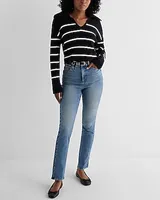 Relaxed Striped V-Neck Polo Sweater Black Women's L