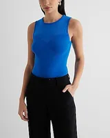 Fitted Mesh Ribbed Crew Neck Sweater Tank Blue Women